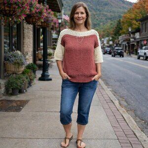 Hand Crafted Short Sleeve Sweater Knit Lace Acrylic Soft Rose Pink Button Sleeve